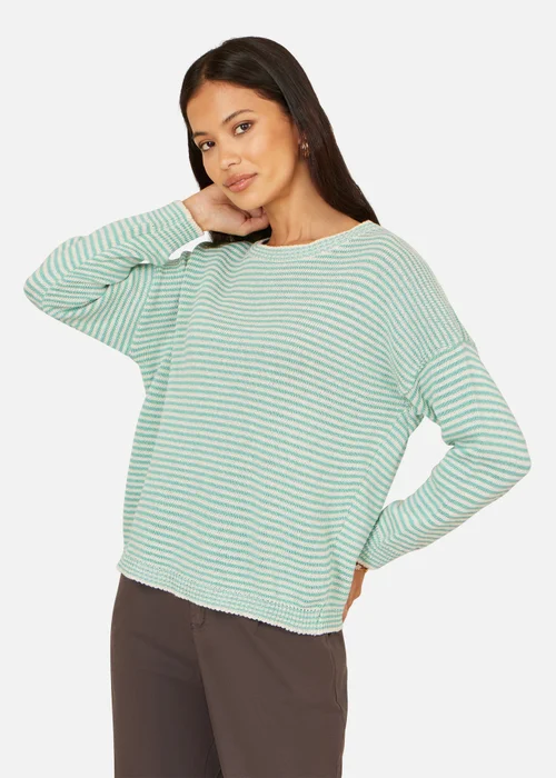 Yumi Sea Green Knitted Stripe Relaxed Jumper - S Image 1