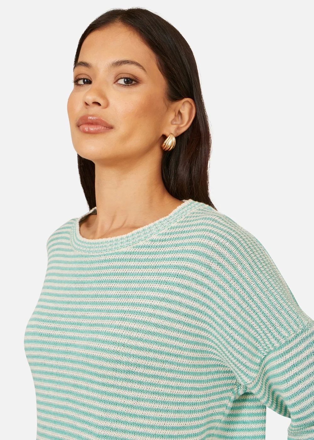 Yumi Sea Green Knitted Stripe Relaxed Jumper - S Image 3