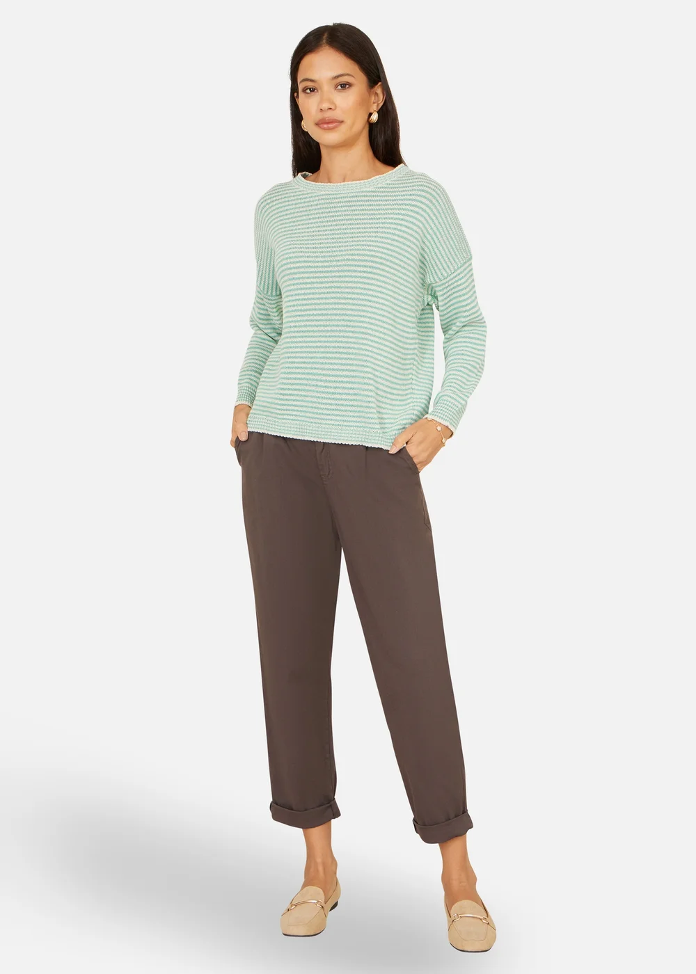 Yumi Sea Green Knitted Stripe Relaxed Jumper - S Image 2