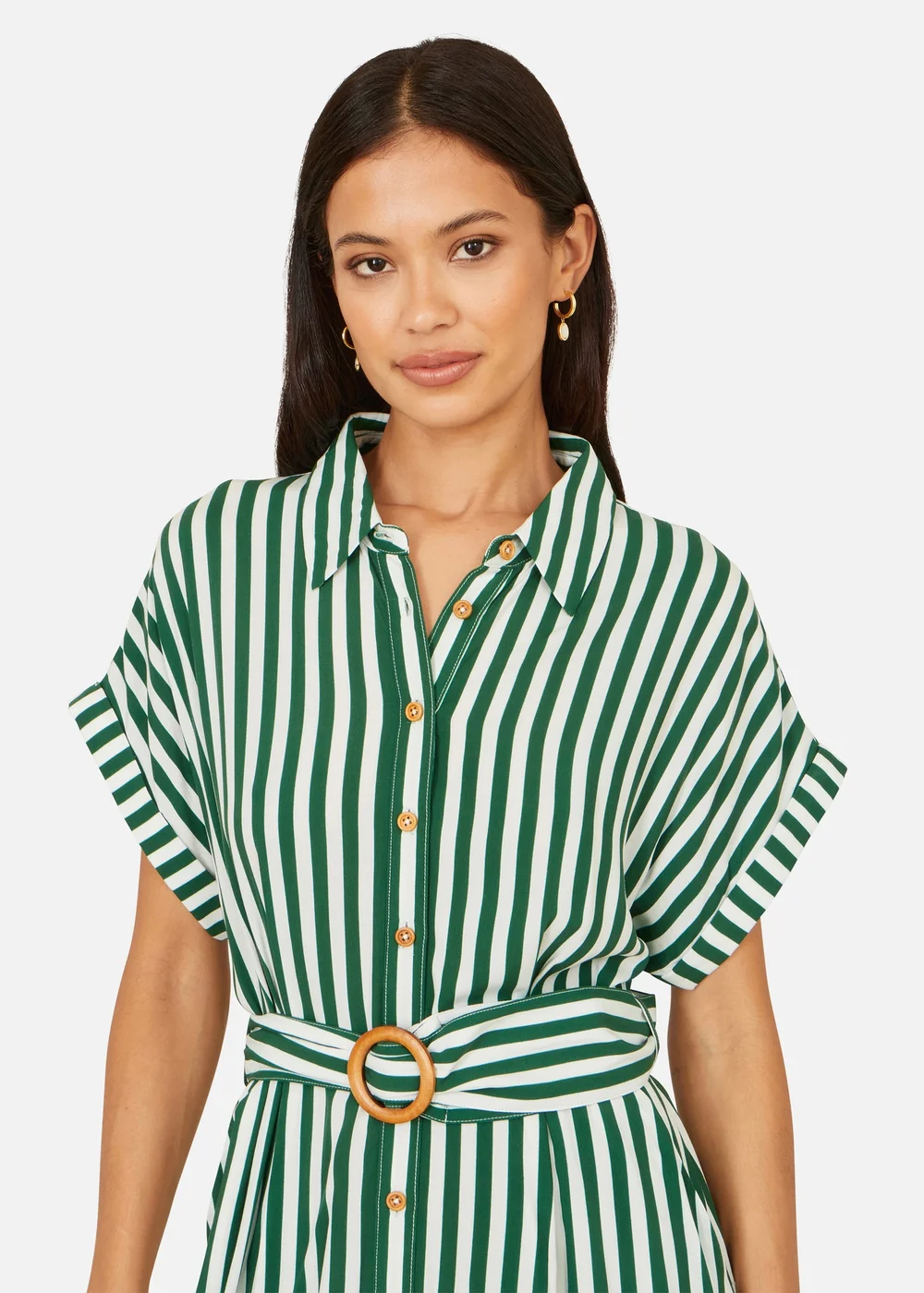 Yumi Green Stripe Print Relaxed Midi Shirt Dress With Belt - 18 Image 3