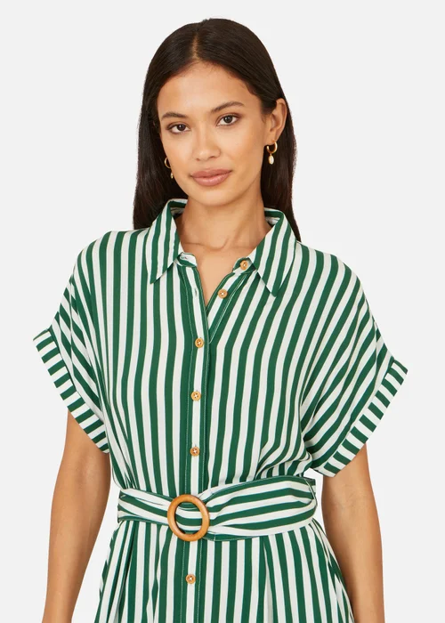 Yumi Green Stripe Print Relaxed Midi Shirt Dress With Belt - 18 Image 3
