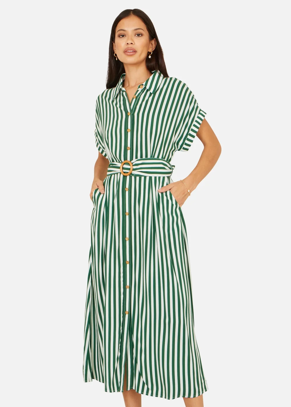 Yumi Green Stripe Print Relaxed Midi Shirt Dress With Belt - 18 Image 1