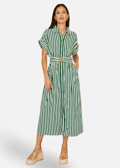 Yumi Green Stripe Print Relaxed Midi Shirt Dress With Belt - 18 Image 4