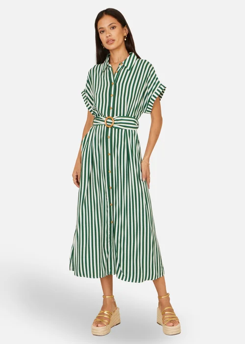 Yumi Green Stripe Print Relaxed Midi Shirt Dress With Belt - 18 Image 2