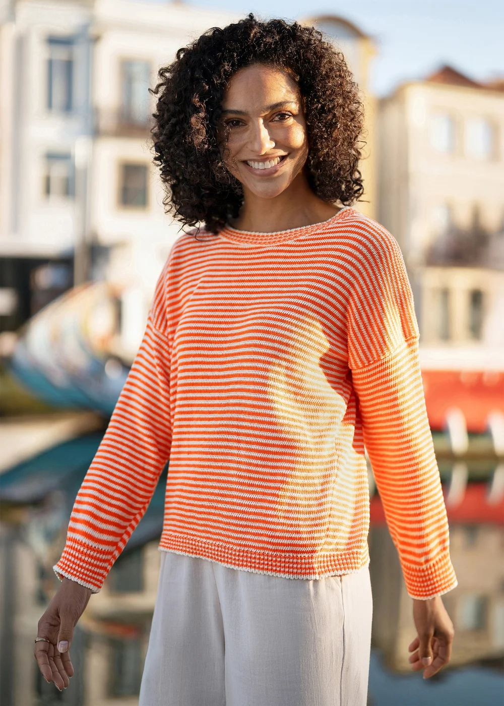 Yumi Orange Knitted Stripe Relaxed Jumper - L Image 3