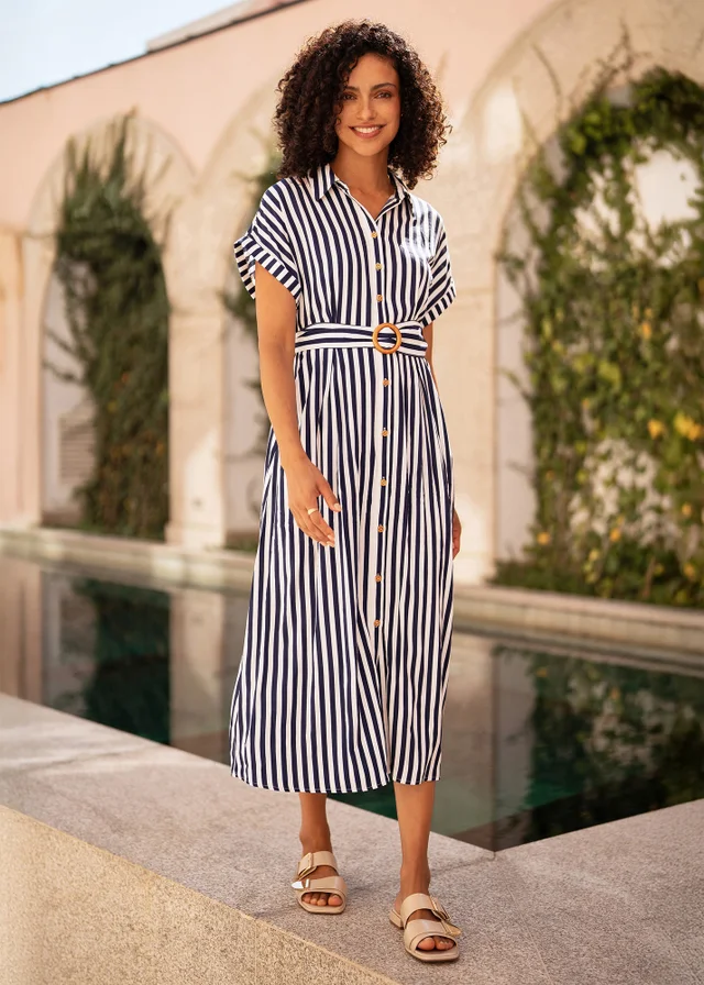 Yumi Navy Stripe Print Relaxed Midi Shirt Dress With Belt