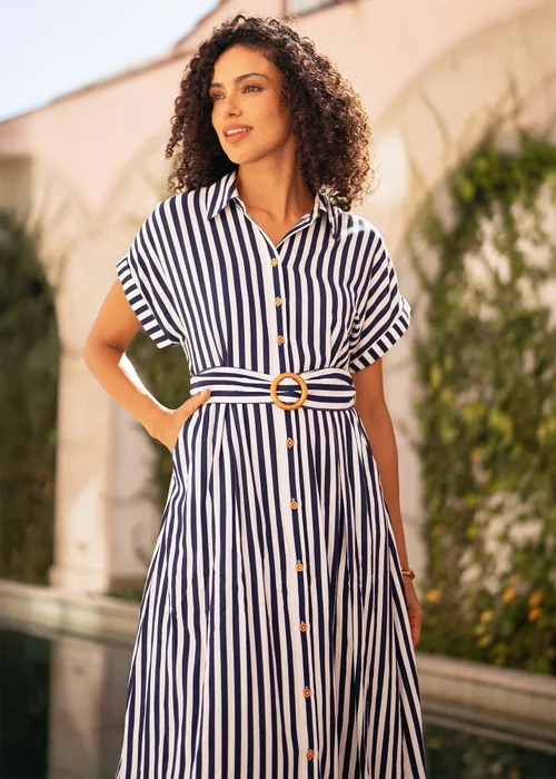 Yumi Navy Stripe Print Relaxed Midi Shirt Dress With Belt - 22 Image 2