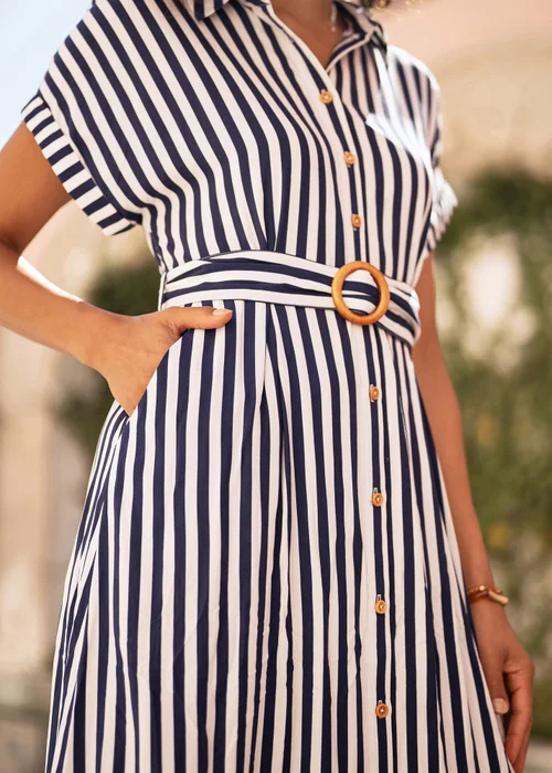 Yumi Navy Stripe Print Relaxed Midi Shirt Dress With Belt - 22 Image 4