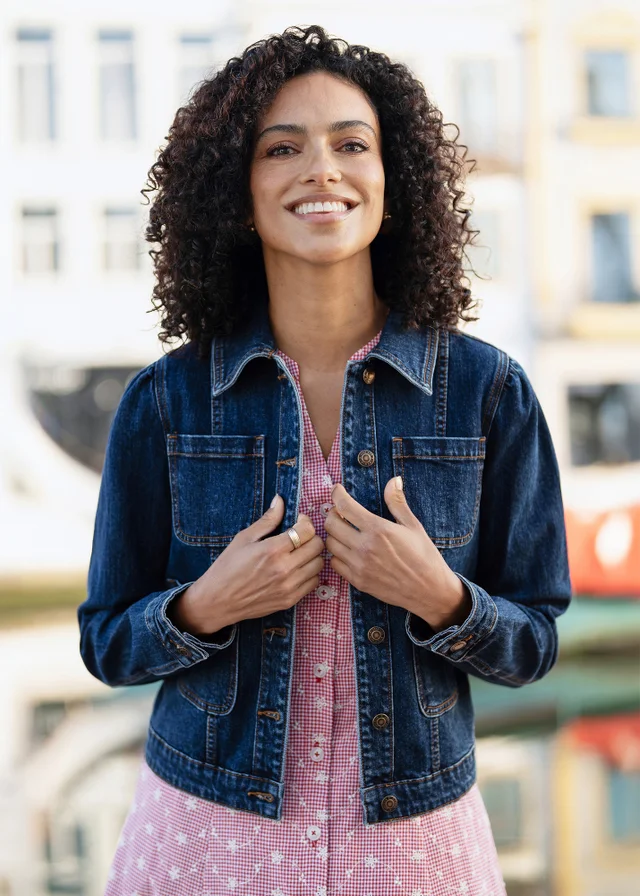 Yumi Blue Stretch Denim Jacket With Pocket Detail
