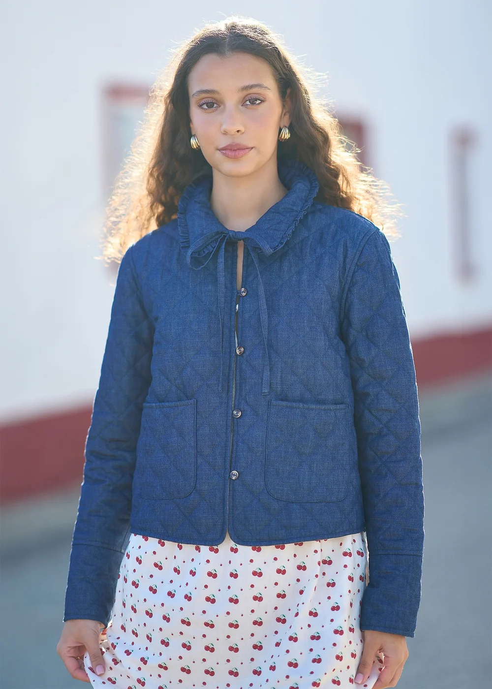 Yumi Blue Chambray Quilted Jacket With Cherry Lining - 12 Image 1