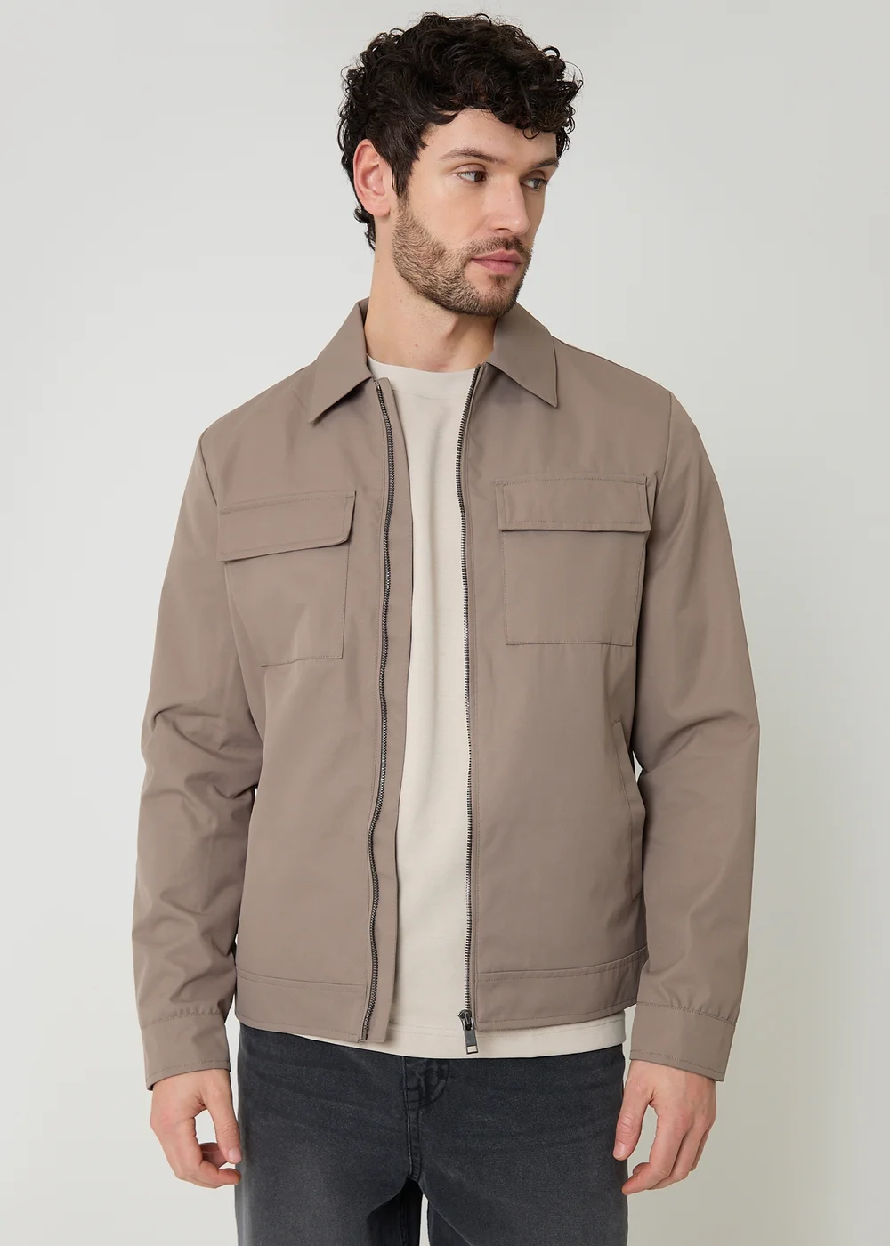 Threadbare Taupe Showerproof Lightweight Zip Up Jacket - L Image 1