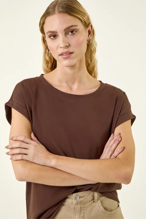 Roman Chocolate Plain Stretch Cotton Jersey T-Shirt - 16 Image 1