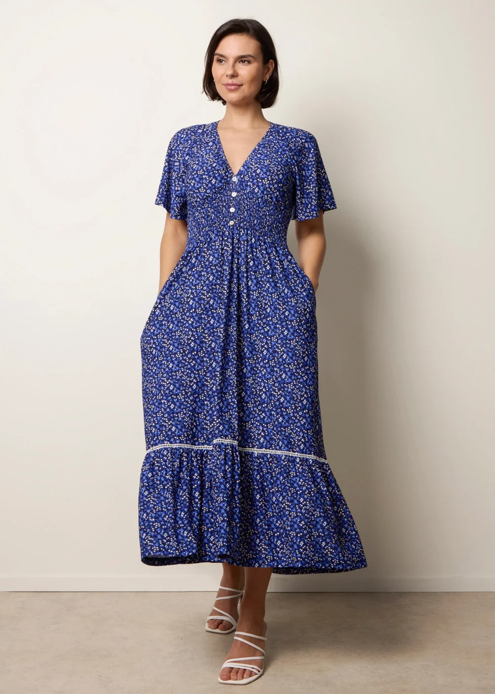 Blue Vanilla Navy Ditsy Floral Button Front Raglan Trim Dress - L Image 1