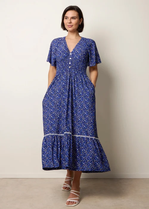 Blue Vanilla Navy Ditsy Floral Button Front Raglan Trim Dress - L Image 1