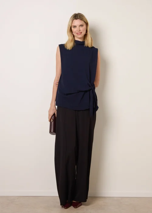 Blue Vanilla Navy Sleeveless Cowl Tie Front Chiffon Blouse - M/L Image 2