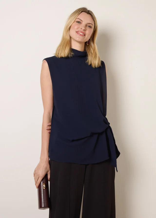 Blue Vanilla Navy Sleeveless Cowl Tie Front Chiffon Blouse