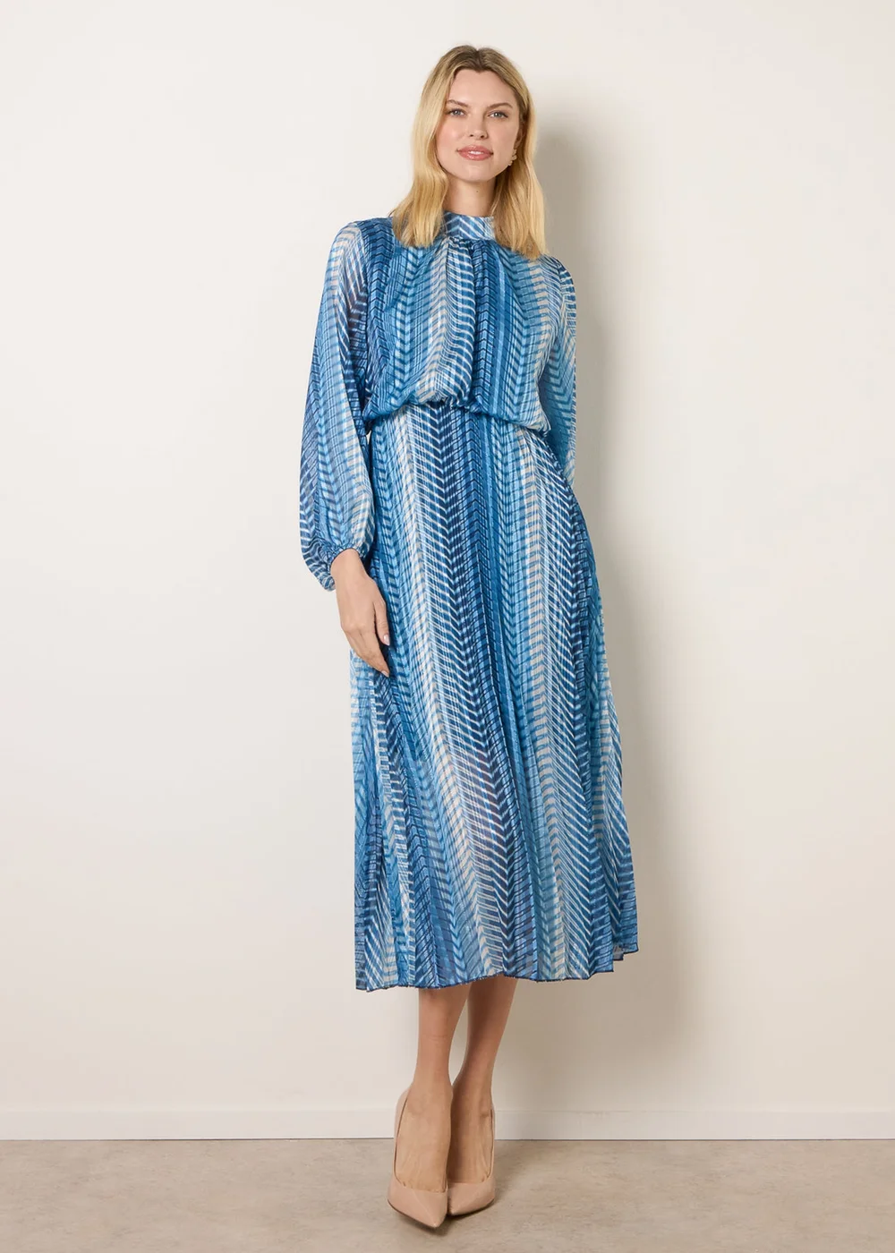 Blue Vanilla Navy Zig Zag Metallic High Neck Puffball Pleated Dress - S Image 2