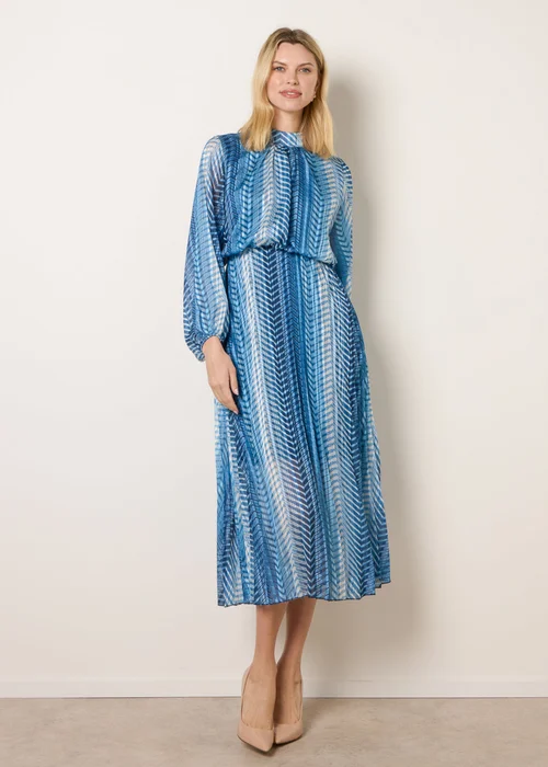 Blue Vanilla Navy Zig Zag Metallic High Neck Puffball Pleated Dress - S Image 2