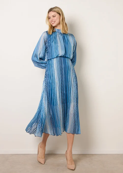 Blue Vanilla Navy Zig Zag Metallic High Neck Puffball Pleated Dress - S Image 1