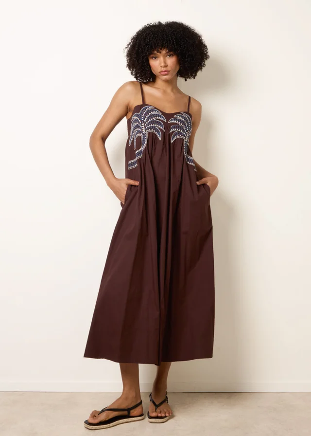 Blue Vanilla Brown Palm Tree Embroidery Smock Dress