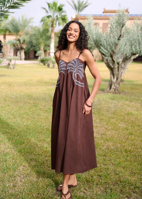 Blue Vanilla Brown Palm Tree Embroidery Smock Dress - L Image 1
