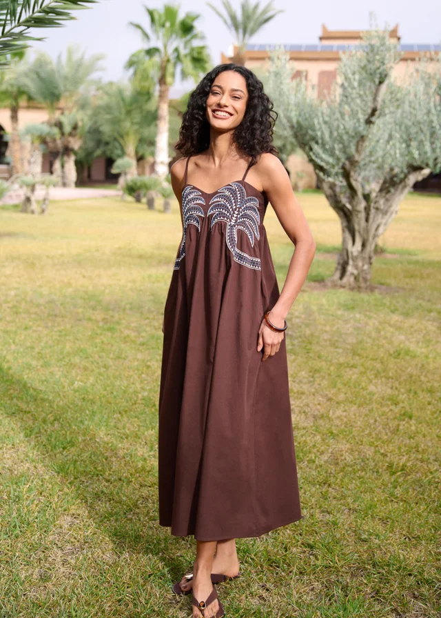 Blue Vanilla Brown Palm Tree Embroidery Smock Dress