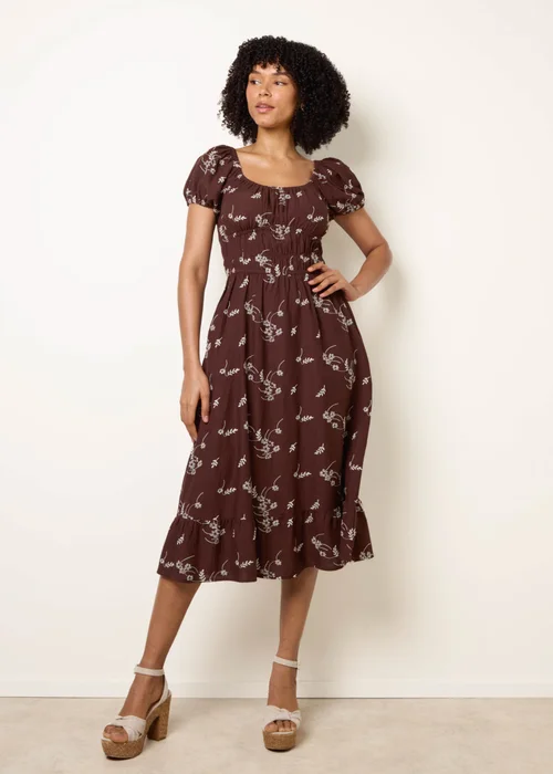 Blue Vanilla Brown Embroidery Milkmaid Midi Dress - M Image 3