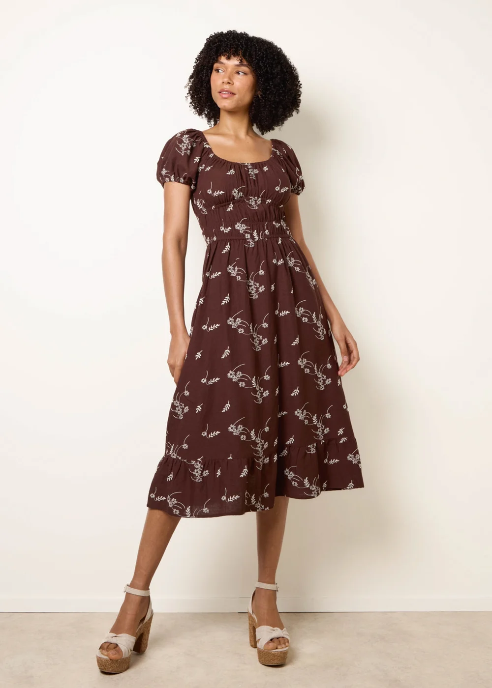 Blue Vanilla Brown Embroidery Milkmaid Midi Dress - M Image 1