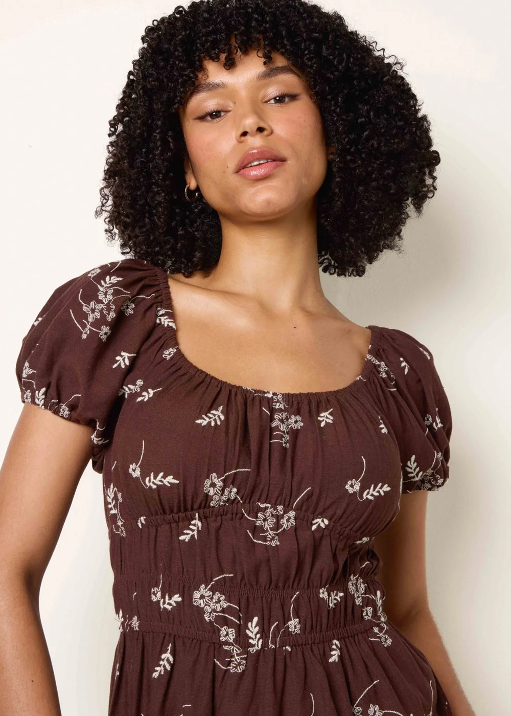 Blue Vanilla Brown Embroidery Milkmaid Midi Dress - M Image 2