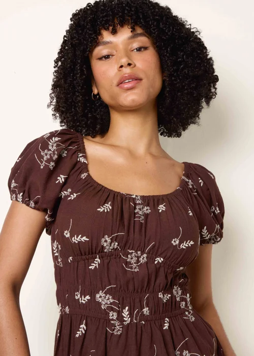 Blue Vanilla Brown Embroidery Milkmaid Midi Dress - M Image 2