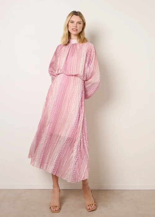 Blue Vanilla Pink Zig Zag Metallic High Neck Puffball Pleated Dress - S Image 1