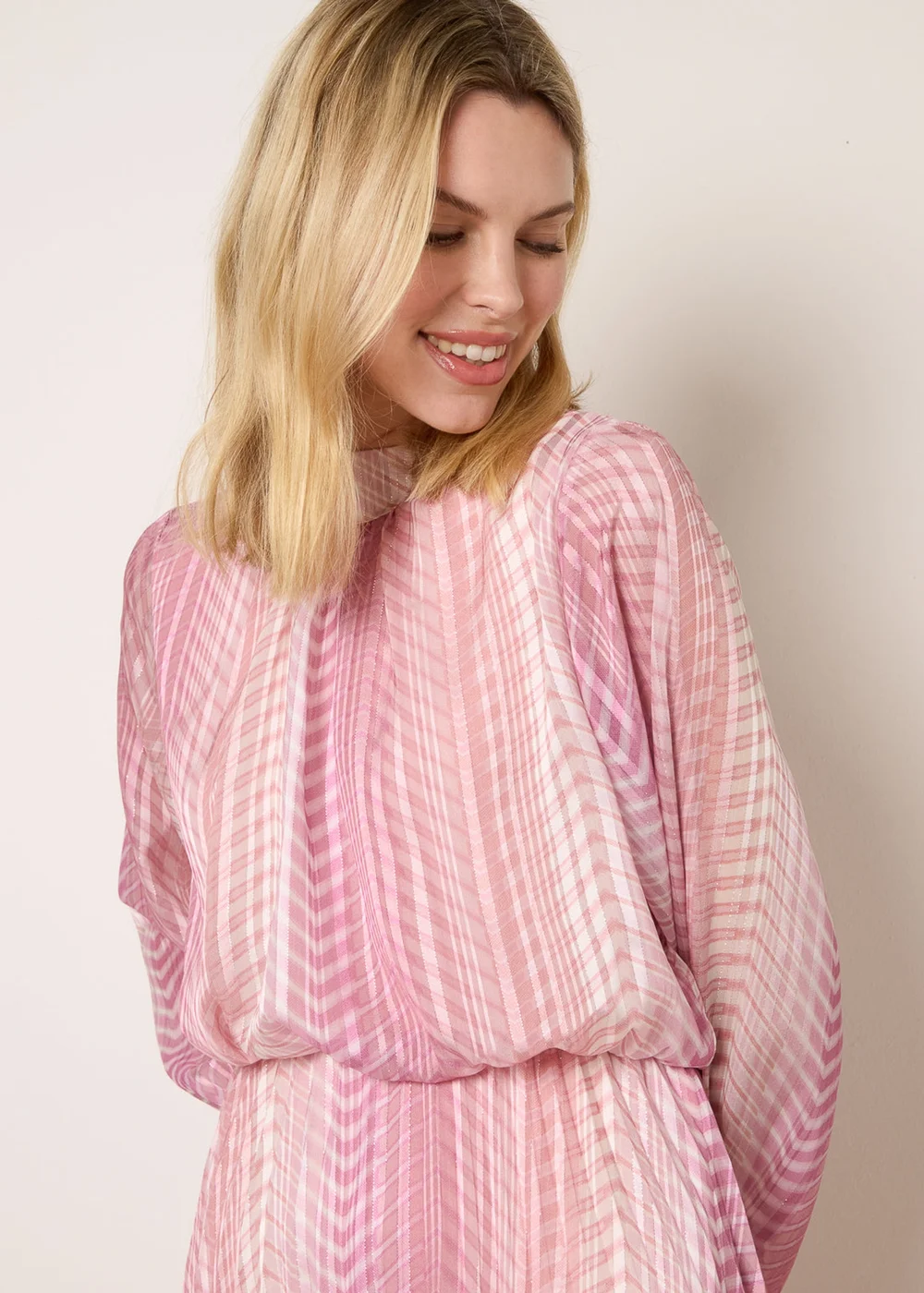 Blue Vanilla Pink Zig Zag Metallic High Neck Puffball Pleated Dress - S Image 2