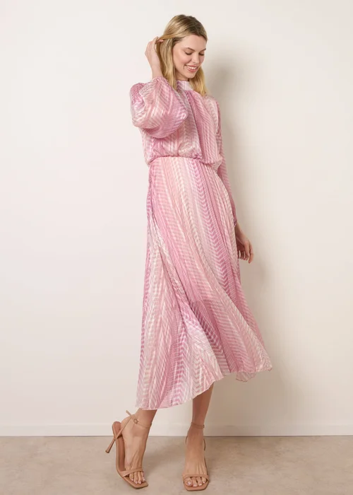 Blue Vanilla Pink Zig Zag Metallic High Neck Puffball Pleated Dress - S Image 3