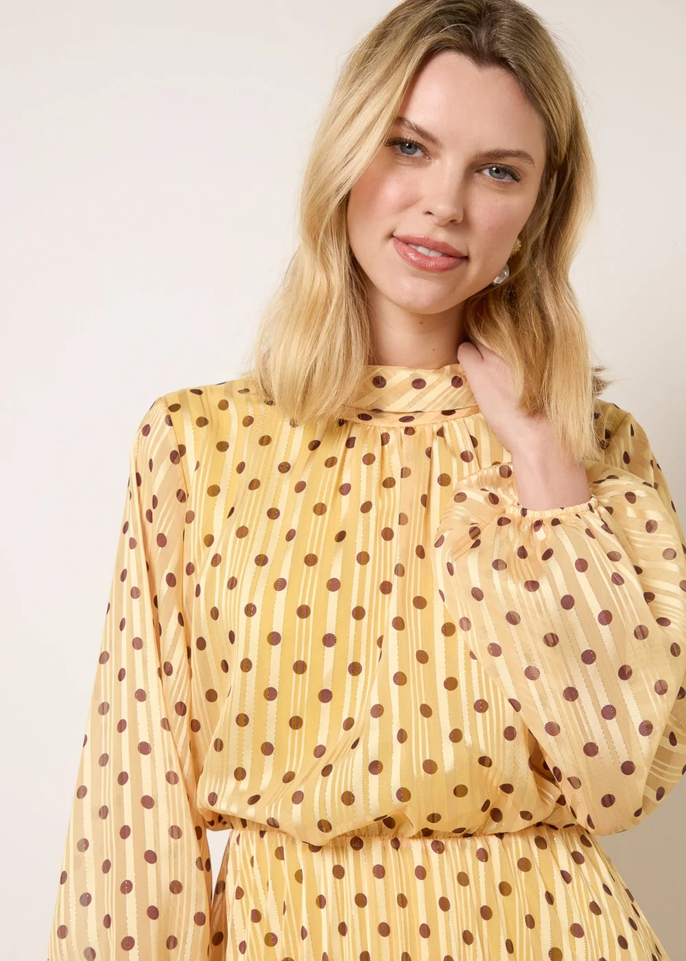 Blue Vanilla Yellow Polka Dot Cowl Neck Pleated Long Sleeve Dress - L Image 2