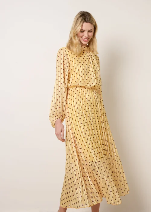 Blue Vanilla Yellow Polka Dot Cowl Neck Pleated Long Sleeve Dress - L Image 1