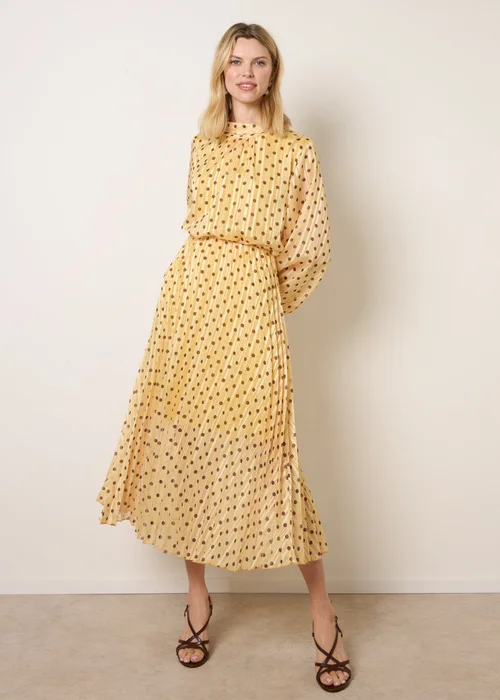 Blue Vanilla Yellow Polka Dot Cowl Neck Pleated Long Sleeve Dress - L Image 3
