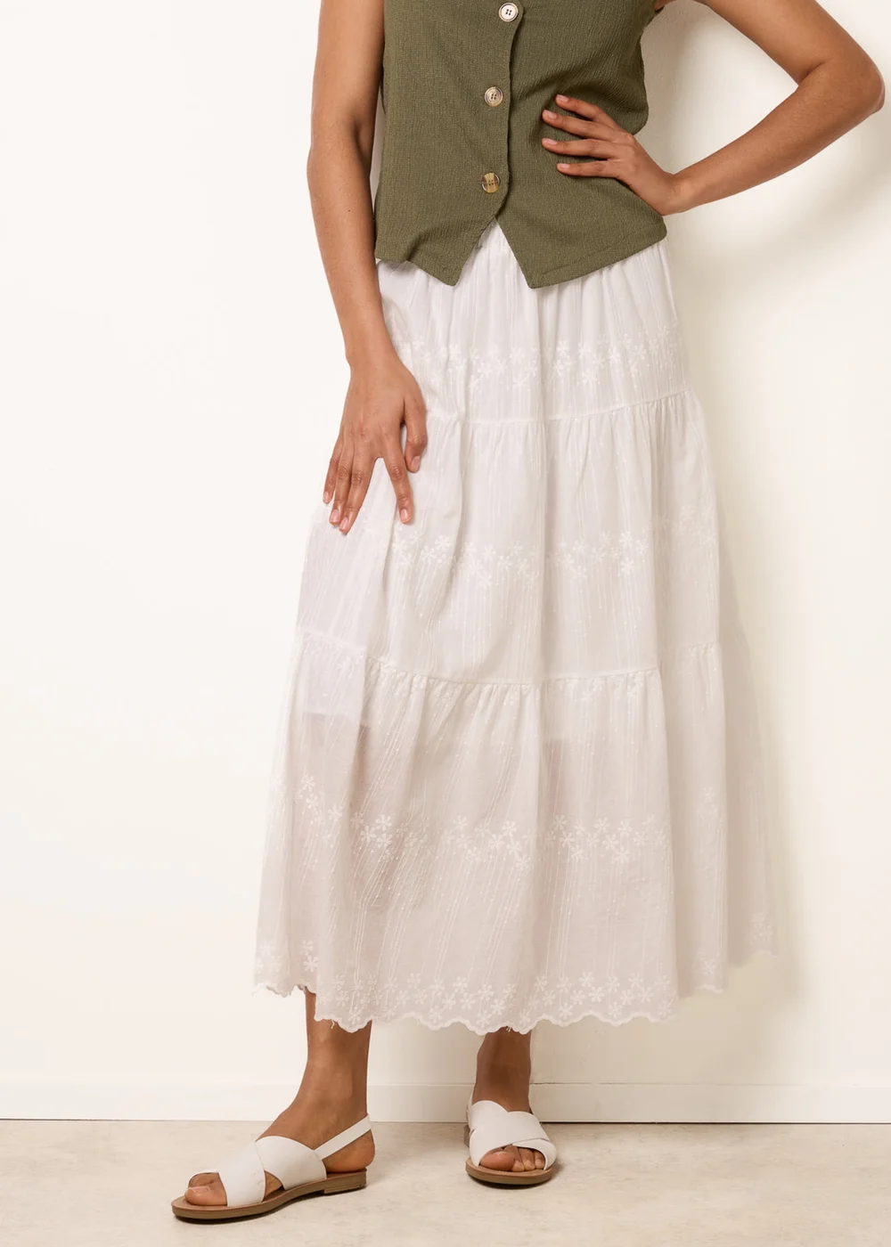 Blue Vanilla White Embroidered Tiered Maxi Skirt - S/M Image 2