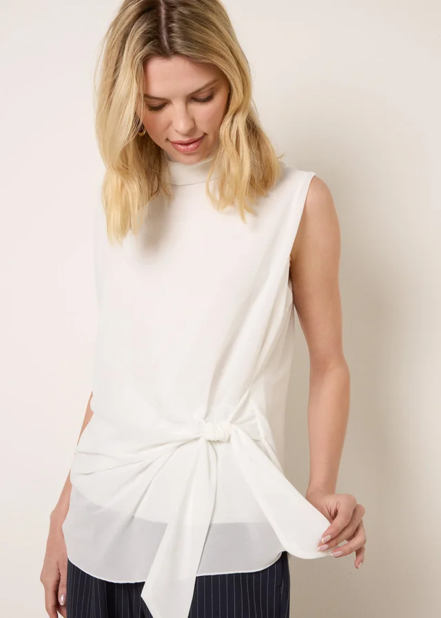 Blue Vanilla Ivory Sleeveless Cowl Tie Front Chiffon Blouse