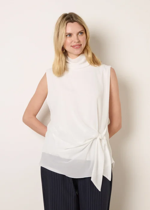 Blue Vanilla Ivory Sleeveless Cowl Tie Front Chiffon Blouse - S/M Image 2