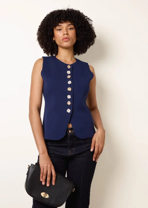 Blue Vanilla Navy Sleeveless Ribbed Button-Front Vest - S/M Image 2