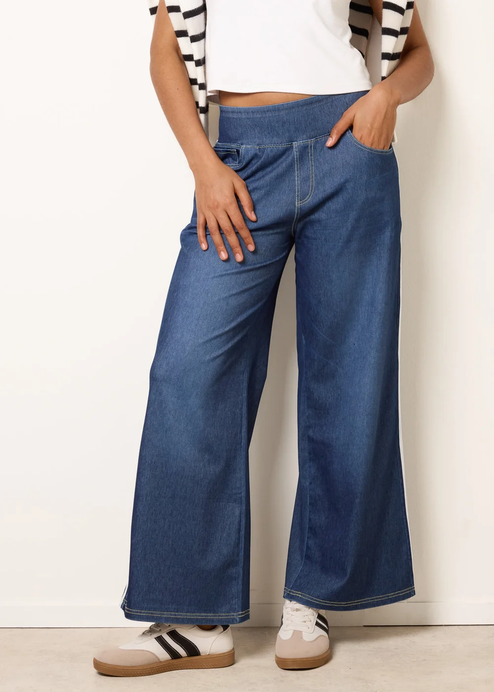 Blue Vanilla Blue Multi Stretch Side Stripe Deep Waistband Trousers - M Image 1