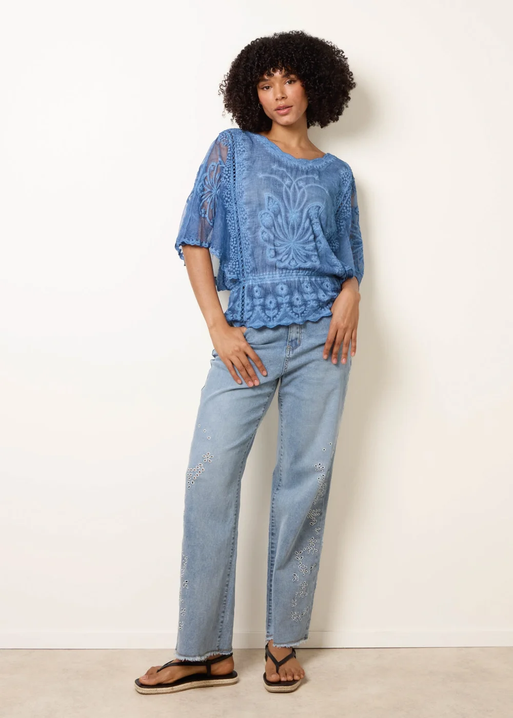 Blue Vanilla Blue Floral Lace Butterfly Sleeve Blouse - M/L Image 2