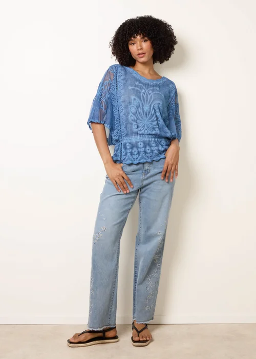 Blue Vanilla Blue Floral Lace Butterfly Sleeve Blouse - M/L Image 2