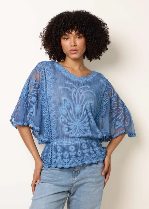 Blue Vanilla Blue Floral Lace Butterfly Sleeve Blouse - M/L Image 1