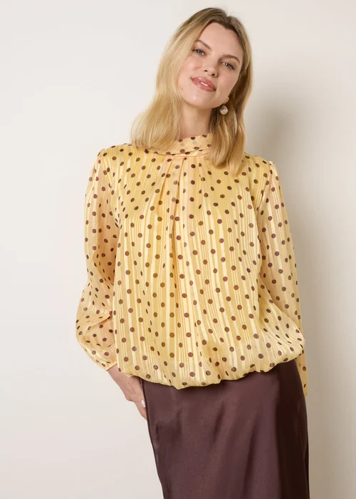 Blue Vanilla Yellow Polka Dot Cowl Neck Puffball Blouse - S/M Image 1