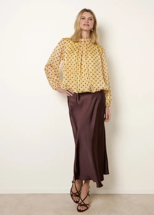 Blue Vanilla Yellow Polka Dot Cowl Neck Puffball Blouse - S/M Image 2