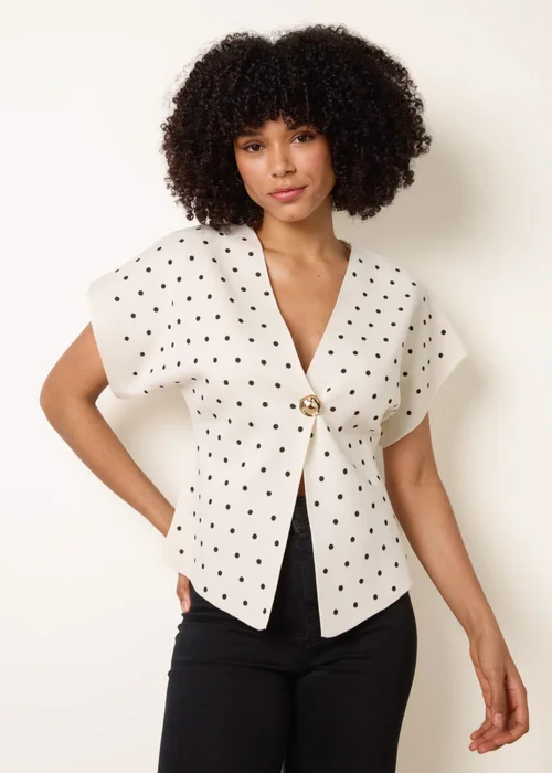 Blue Vanilla Ivory Polka Dot Short-Sleeve Knit Cardigan Top - M/L Image 3