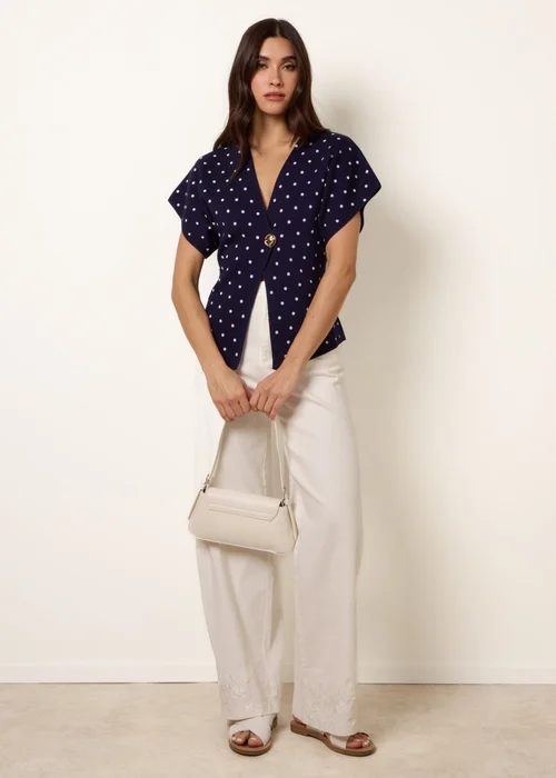 Blue Vanilla Navy Polka Dot Short-Sleeve Knit Cardigan Top - M/L Image 2