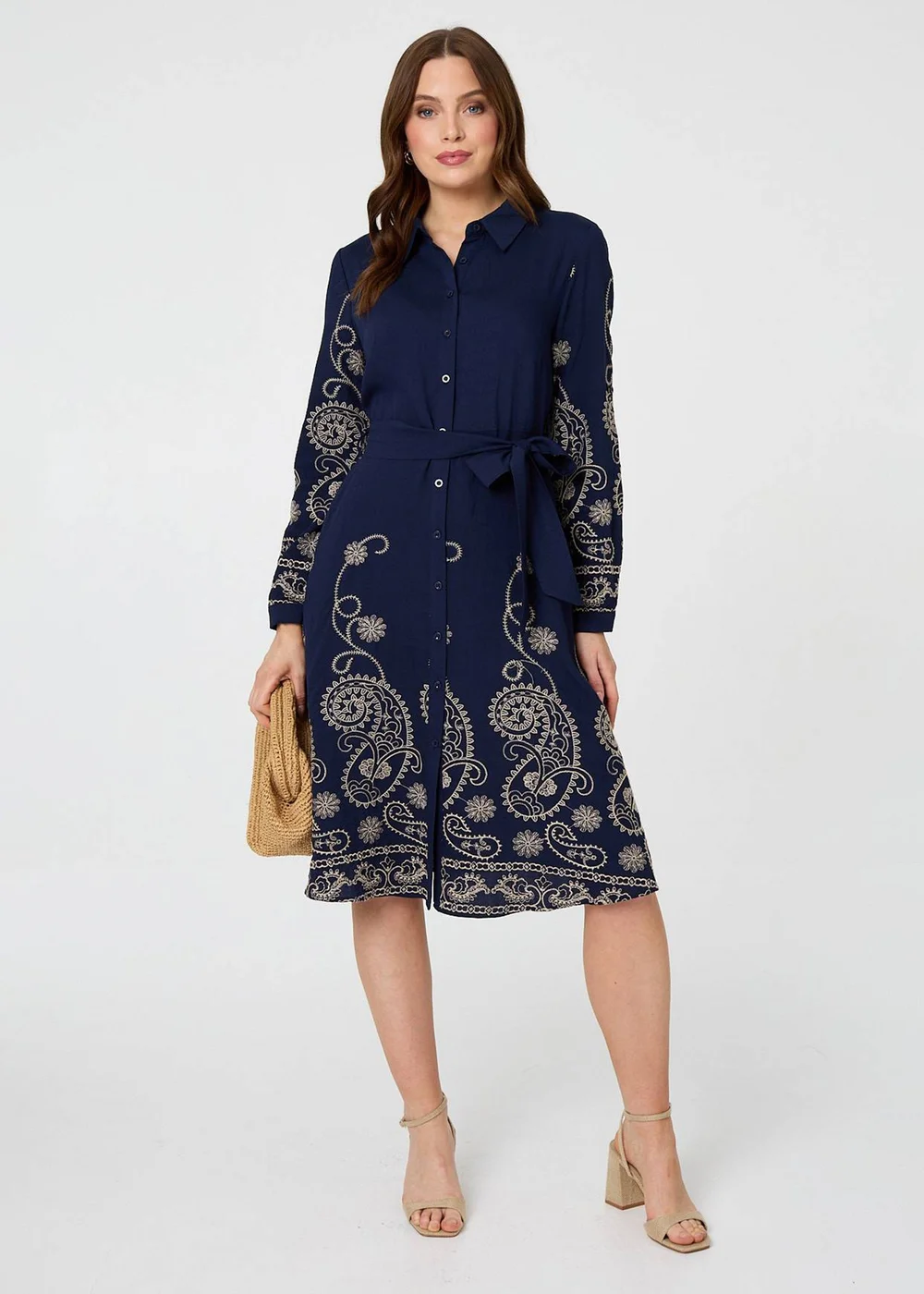 Izabel London Navy Embroidered Long Sleeve Shirt Midi Dress - 8 Image 4
