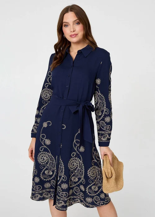 Izabel London Navy Embroidered Long Sleeve Shirt Midi Dress - 8 Image 1